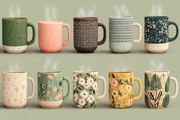 Colorful mug set with steam rising, ceramic coffee cups for home, kitchen decor and gift