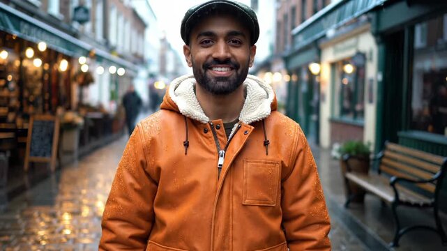 Man adjusts orange jacket zipper on rainy city street. Smiling man zips jacket in urban shopping area. Happy person adjusts jacket on wet street. Man smiling while zipping jacket in city rain.
