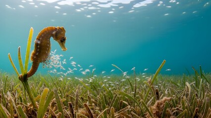 Serene Seahorse in Underwater Garden: A captivating view of a seahorse gracefully navigating a vibrant underwater garden, creating a sense of tranquility and awe.