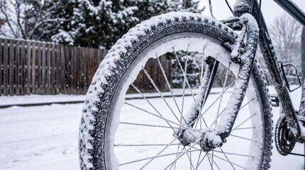 Winter tire with chains covered in snow on bicycle wheel, showcasing winter conditions and snowy road. Winter tire with chains illustrates the need for safe cycling in winter weather.