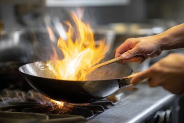 Person cooking with flames in wok on stove