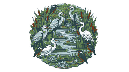 Lush wetland ecosystem with a group of herons and diverse water birds in a circle.