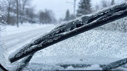 Windshield wiper clearing snow in winter landscape. Windshield wiper is pushing away snow and ice on glass during snowy weather. Concept of winter driving safety and visibility during storms.