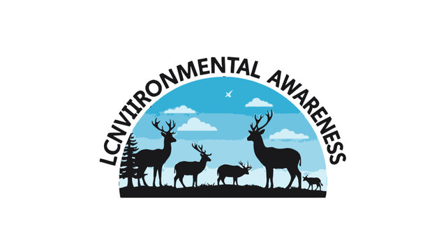 Environmental Awareness Logo with Wild Animals, forest landscape under sky, conservation concept. - Powered by Adobe