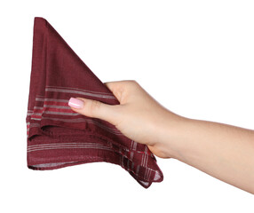 Woman holding red handkerchief on white background, closeup