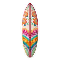 Vibrant and intricately patterned surfboard with a glossy finish, showcasing a symmetrical floral design in shades of pink, orange, and yellow against a pale, isolated on transparent background.