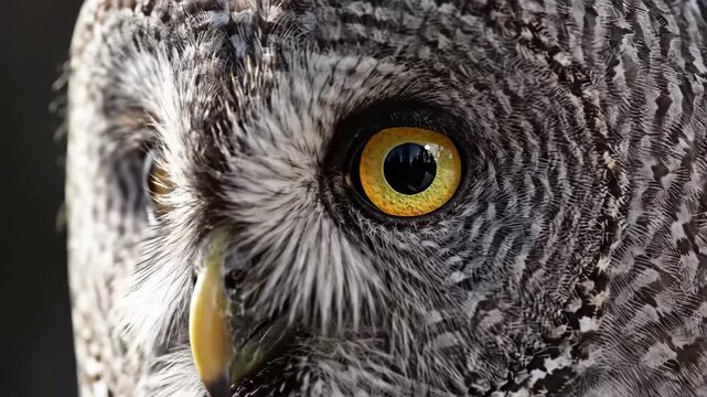 Extreme closeup of a great grey owls intense yellow eye and detailed grey and white patterned feathers