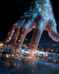 A hand is covered in glitter and is touching a screen