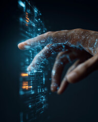 A hand is touching a screen with a blue and orange background