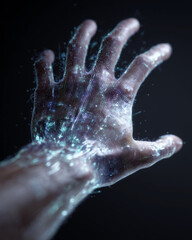 A hand with a blue and white pattern is shown in a black background