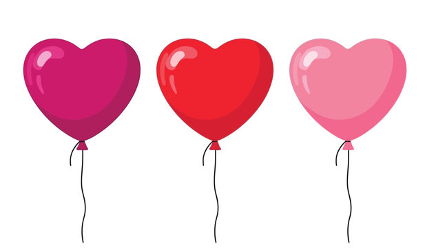 Three heart shaped balloons in pink, red, and light pink colors for love and valentines day