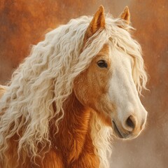 Obraz premium Majestic brown horse with long curly white mane in warm autumn light and serene gaze