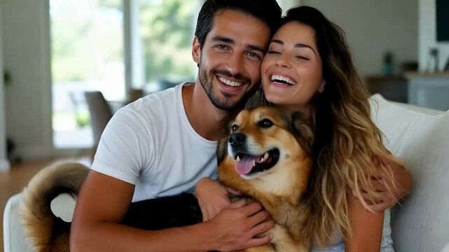 A radiant couple cuddles with their cherished canine companion, captured in a heartwarming tableau that exudes affection and contentment.
