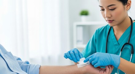 Young nurse performing a wound dressing procedure on a patient's arm in a clean medical clinic for healthcare and recovery concept.