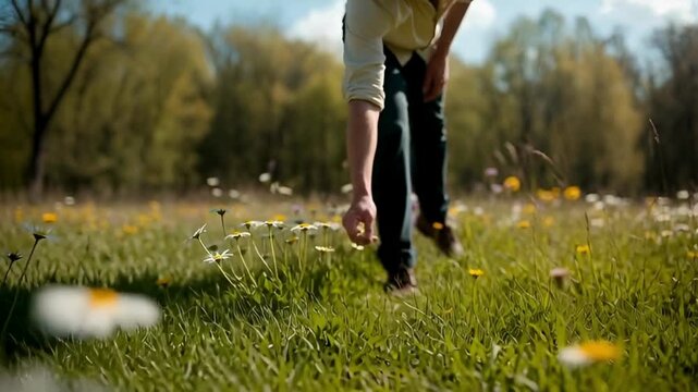 A person gathering flowers in a sun-drenched field. A moment of peaceful connection with nature, and appreciation of simple beauty. 