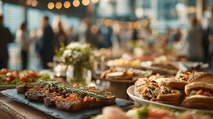 corporate networking event with buffet spread business professionals mingle interact over food drinks in modern office setting blurred background emphasizes social gathering teamwork company