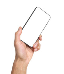 Man holding smartphone with blank screen on white background, closeup. Mockup for design