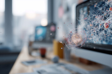 A computer monitor displays a colorful, abstract image of a spider web