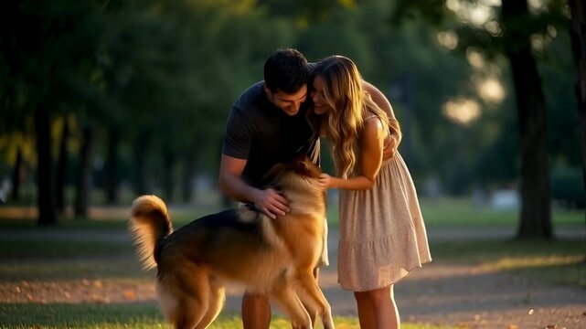 A loving couple shares a tender moment with their furry companion, bathed in the soft glow of golden hour. Capturing the essence of companionship and unconditional love.
