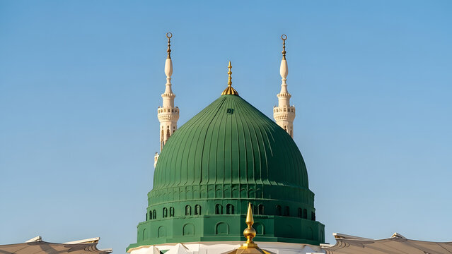 The iconic green dome of Masjid al-Nabawi rises beside the elegant giant umbrellas and historic minbar, capturing the spiritual beauty, sacred architecture.