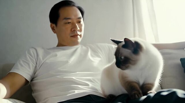 A person in casual clothes sits indoors, sharing a tender moment with a beautiful siamese cat. This image evokes feelings of home, affection, and the unbreakable bonds of friendship.