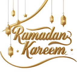 Ramadan celebrate banner with handwritten inscription Ramadan Kareem, gold sparks and golden colored arabic lanterns.
