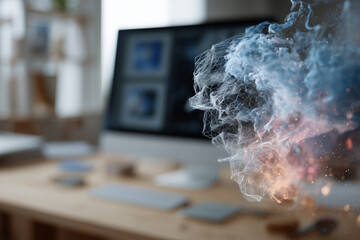 A computer monitor shows a face with a cloud of smoke surrounding it