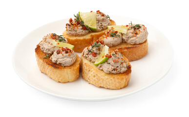 Delicious bruschettas with pate, lime and spices isolated on white