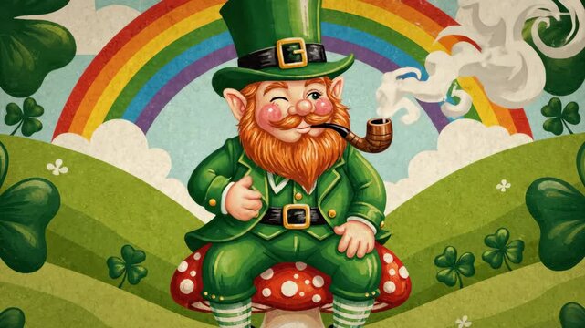 Leprechaun man smoking pipe sitting on mushroom under rainbow with shamrock. Saint Patrick day holiday celebration.