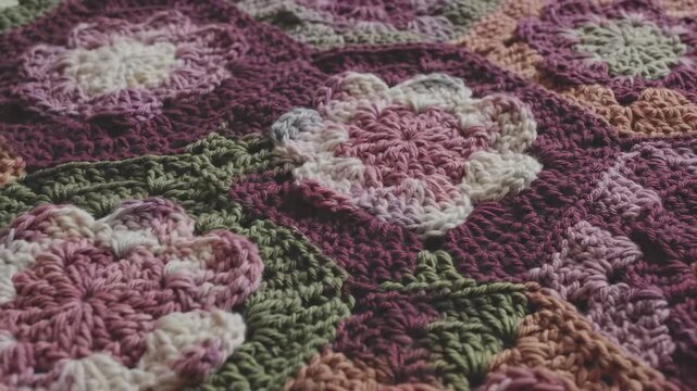 Closeup of a handmade crochet granny square blanket with floral motifs in muted pinks, greens, and earth tones