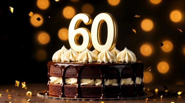 A beautifully decorated chocolate cake is the centerpiece of a joyful celebration, adorned with a golden 60 and cream frosting. shimmering lights and confetti create a festive ambiance.