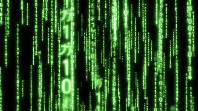 Green digital rain falling code effect, inspired by the matrix movie, with binary numbers and japanese characters on black background
