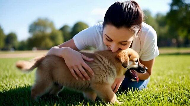 A young woman affectionately embraces a playful puppy in a sun-drenched park, capturing a tender moment of joy and companionship. 