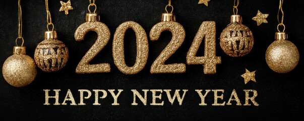 Golden New Year celebration with glittering ornaments and bold 2024 numeric display