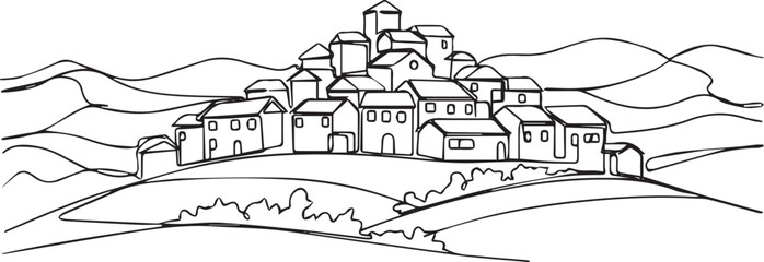 Obraz premium Isolated Landscape with village houses on hill. Continuous one line drawing