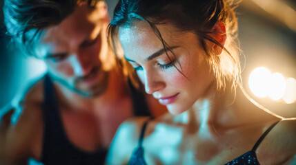 Dancers share a moment of connection in a dimly lit studio filled with soft light and vibrant energy