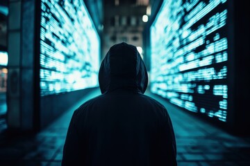 Person standing in a city alley illuminated by neon lights at night