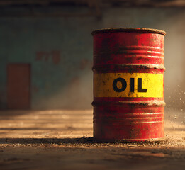 Stara metalowa beczka z napisem „oil” w opuszczonym magazynie, przemysłowy klimat i temat ropy, brudna podłoga i kurz.