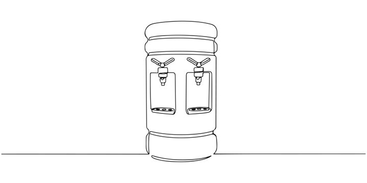 Continuous one line drawing of water dispenser with two spouts, depicting freshness and comfort, line art style vector illustration.