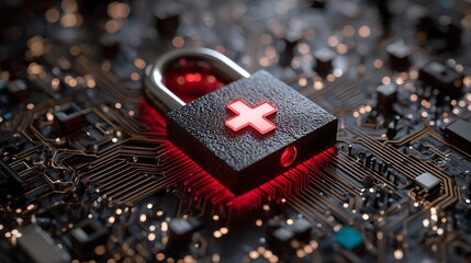 A close-up view of a circuit board with a glowing padlock, red cross marking a security issue