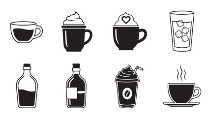 Drinks Icons Set Outline Style Cup Iced Coffee Bottle Soft Drink Hot Beverages Vector Illustration