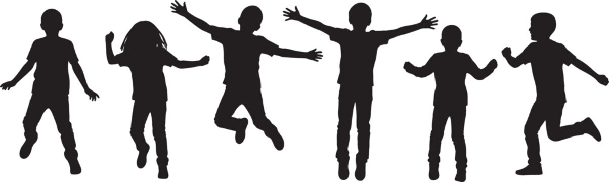 Set of joyful kids silhouettes in active poses, happy children jumping, running, and celebrating for school playground design and architectural lifestyle rendering.