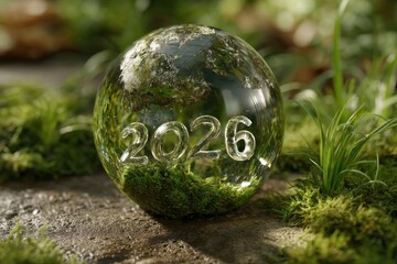 Glass globe with 2026 resting in moss and greenery, symbolizing a fresh start and nature’s renewal