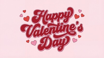 Happy valentines day typography, retro groovy red lettering, pink greeting card background, vintage 70s style script, romantic holiday vector illustration, cute calligraphy for poster, banner, love.