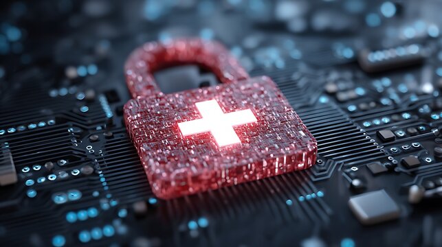 Glowing red padlock with a cross design on a circuit board, symbolizing security - Powered by Adobe