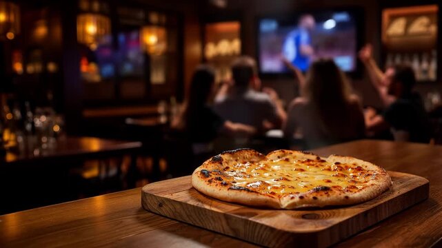 Enjoying pizza while watching a sports game in a casual setting at a local pub. Super Bowl