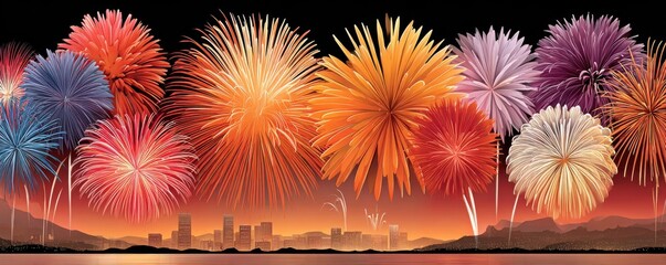 Colorful fireworks explode over a wooden stage in a vibrant night sky celebration