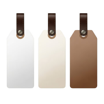 Three tags with leather straps isolated on transparent background