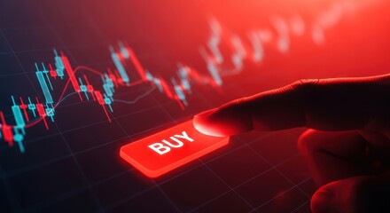 Finger pressing the red buy button on a digital stock market trading screen