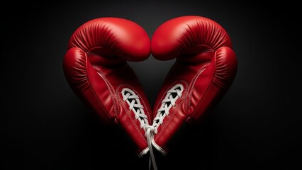 Red boxing gloves shaped as heart on dark background